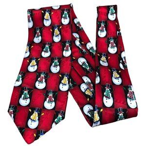 Hallmark Specialties Christmas Snowmen Necktie All Silk Red Tie EUC
